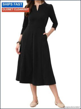 Womens 3/4 Sleeve A-Line Midi Business Work Dress